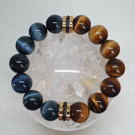 Handcrafted men/ unisex bracelet with beautiful Hawk's Blue Tiger Eye (14mm) and Yellow Tiger Eye