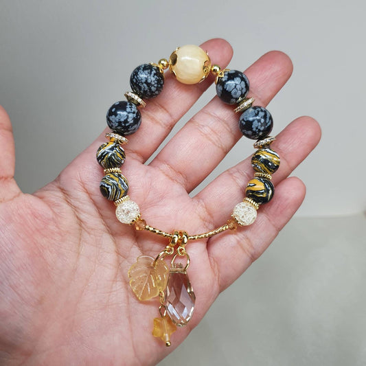 Handcrafted bracelet with Yellow Honey Jade, Snowflake Obsidian and Yellow Malachite