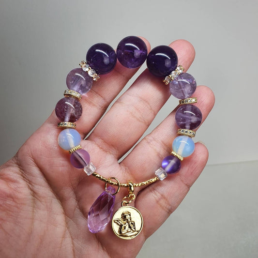 Handcrafted bracelet with Premium Quality Amethyst (14mm) from Brazil, Ametrine and Opalite