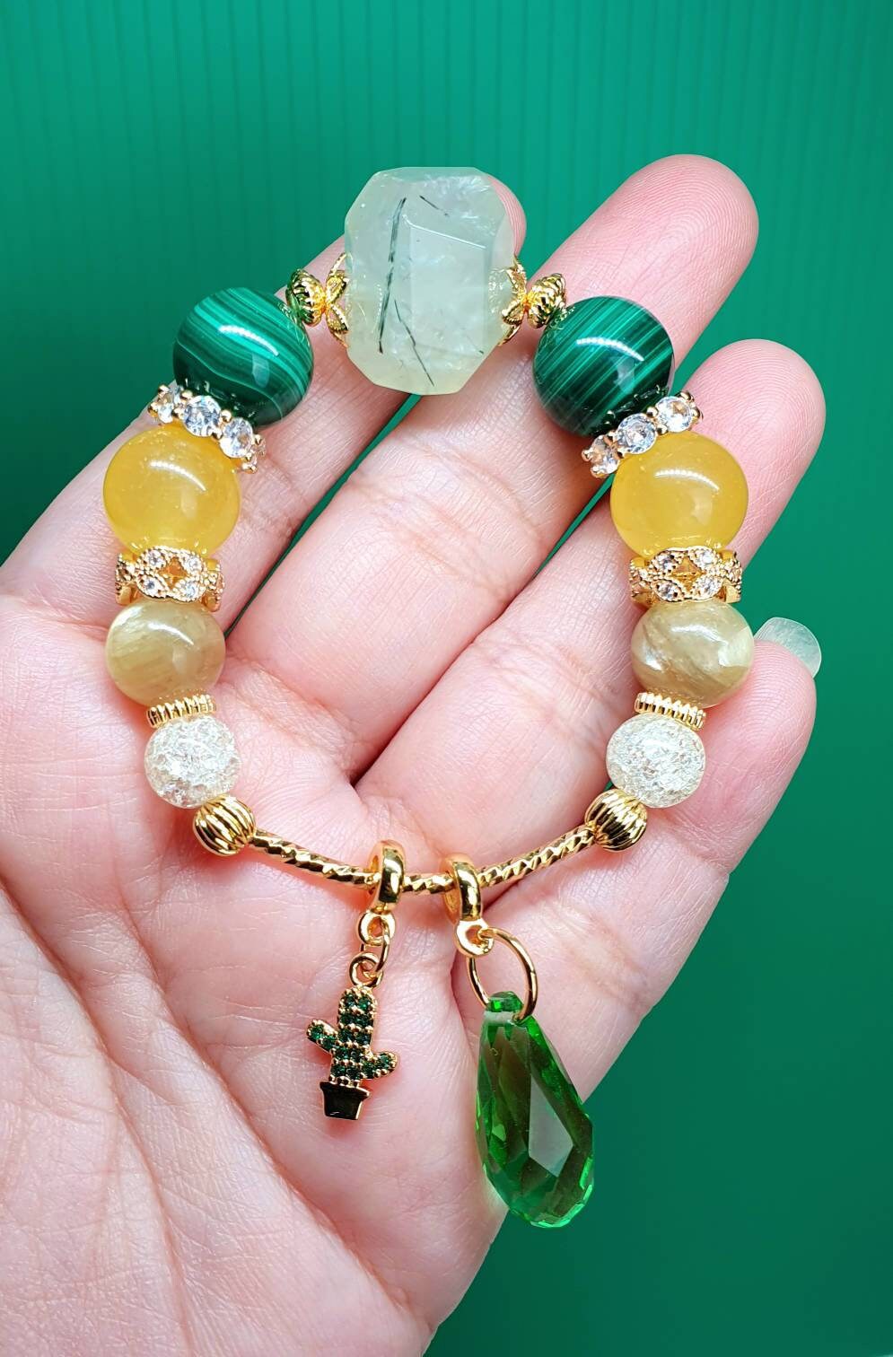 Handcrafted bracelet with Prehnite, Malachite,  Yellow Jade and Golden Lepidolite