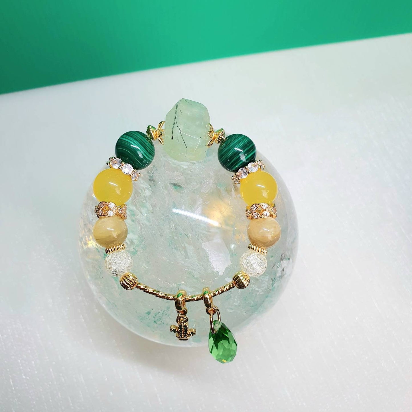 Handcrafted bracelet with Prehnite, Malachite,  Yellow Jade and Golden Lepidolite