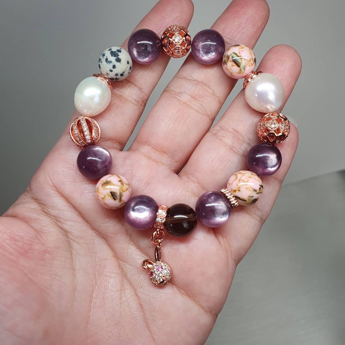 Handcrafted bracelet with Purple Lepidolite, Freshwater Pearl, Dalmatian Jasper, Smoky Quartz and Pink Shell beads