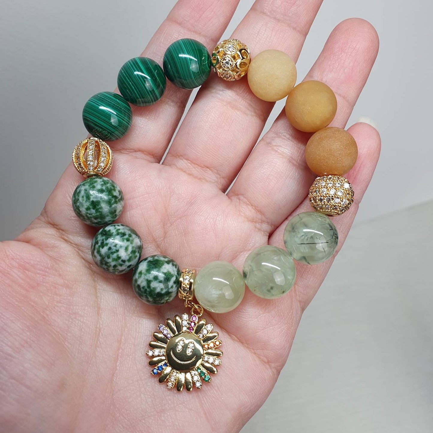 Handcrafted bracelet with Malachite (12mm), Prehnite, Green Spot Jasper and Matte Yellow Aventurine