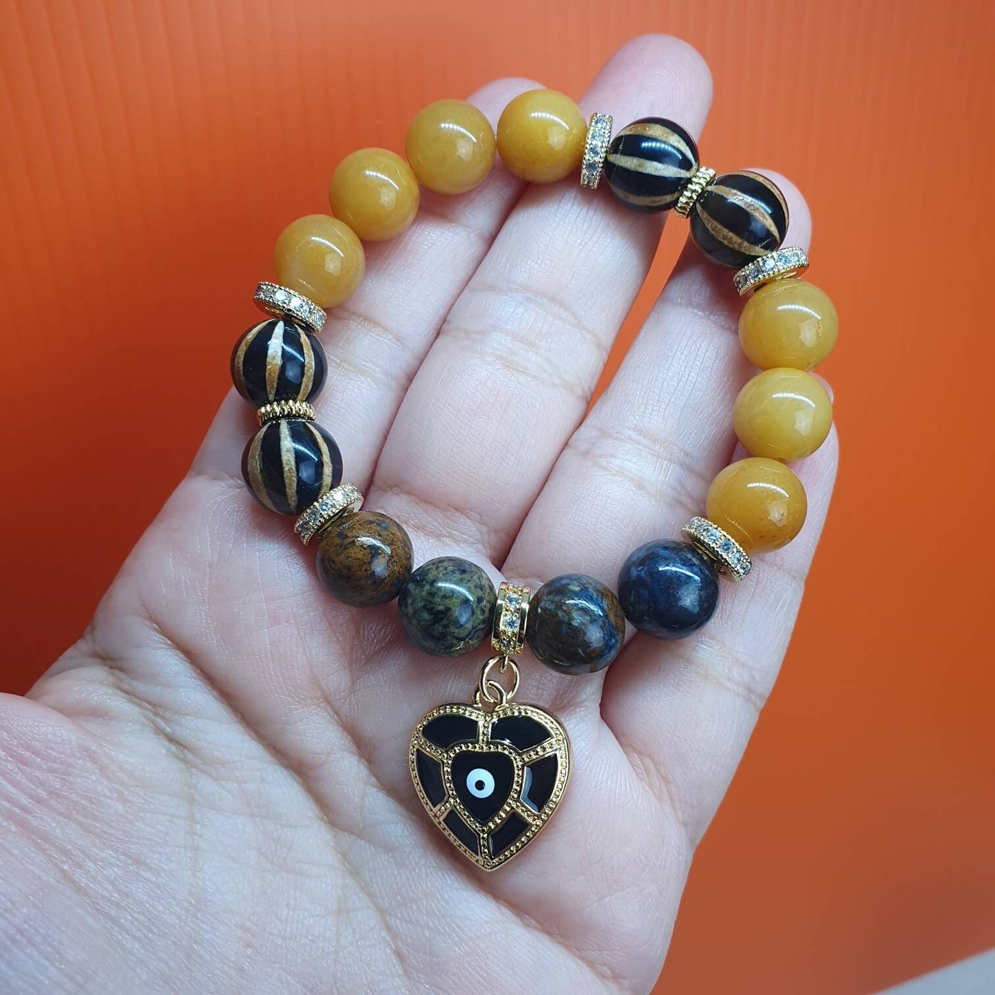 Handcrafted bracelet with Honey Onyx (10mm), African Pietersite and Tibetan Agate