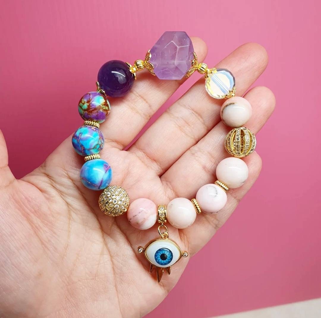 Handcrafted bracelet with Amethyst, Peru Pink Opal and Imperial Jasper