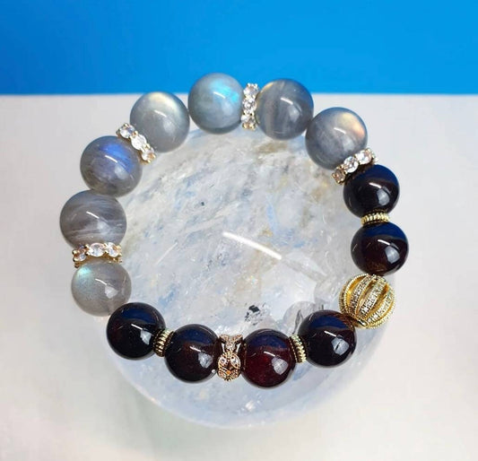 Handcrafted bracelet with premium quality Blue Light Grey Moonstone (14mm/12mm) and Red Garnet (12mm)