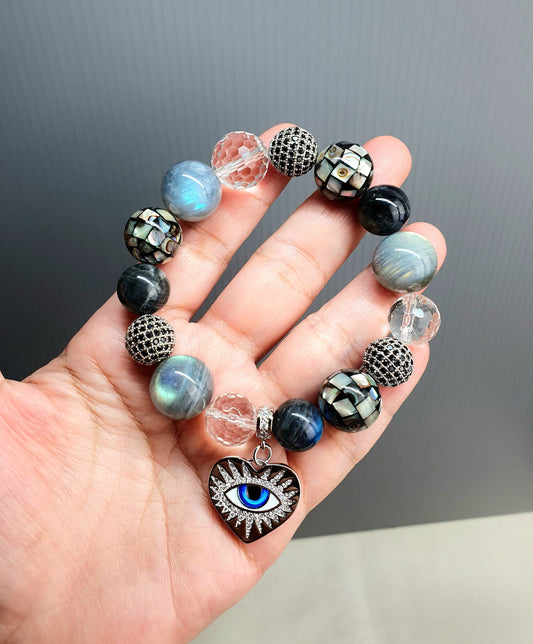 Handcrafted bracelet with Grey Moonstone, Labradorite, Abalone Shell Mosaic and Faceted Clear Quartz