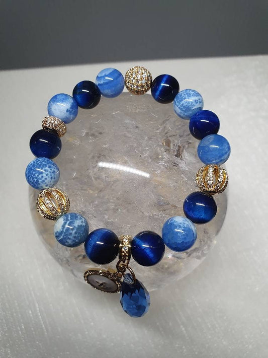 Handcrafted bracelet with Blue Tiger Eye and Blue Fire Agate (10mm)