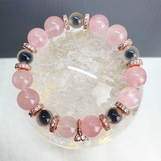 Handcrafted bracelet with Madagascar Rose Quartz (10mm) and Gobi Candy Heart Agate