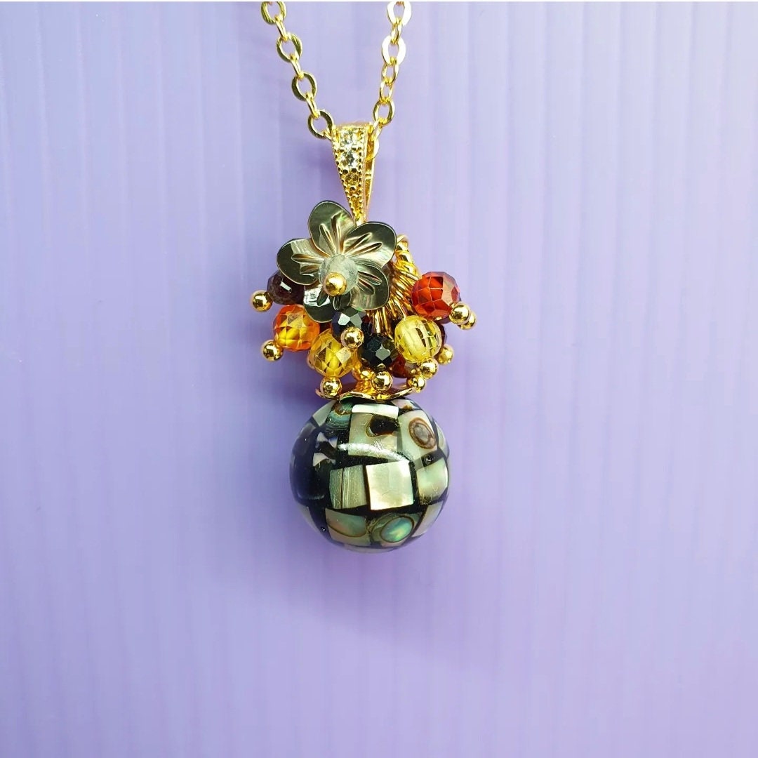 Handcrafted necklace with Abalone Shell Mosaic bead, Black Spinel, Red Garnet and Colourful Zirconia beads