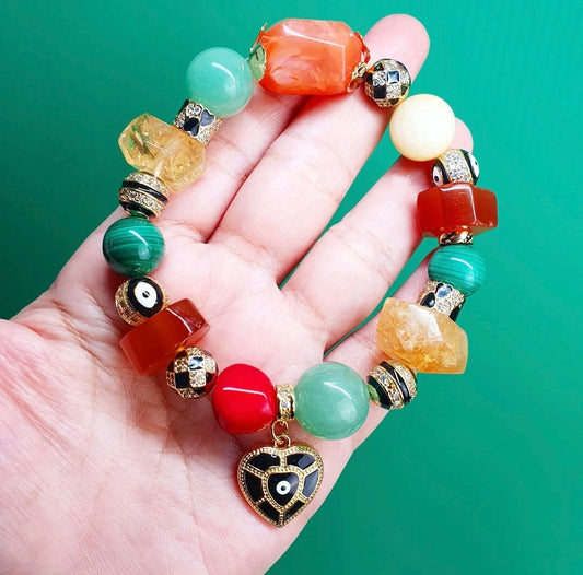 Handcrafted bracelet with Natural Carnelian, Malachite, Citrine, Green Aventurine, Yellow Mookaite, Honey Jade and Red Coral