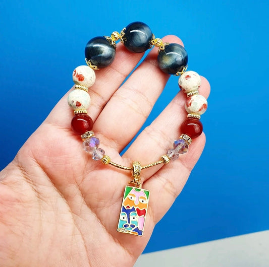 Handcrafted bracelet with Hawk's Blue Tiger Eye, Carnelian and Light Blue Shoushan