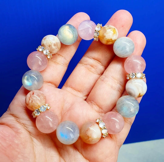 Handcrafted bracelet with Sakura Cherry Blossom, Grey Moonstone and Rose Quartz (12mm)