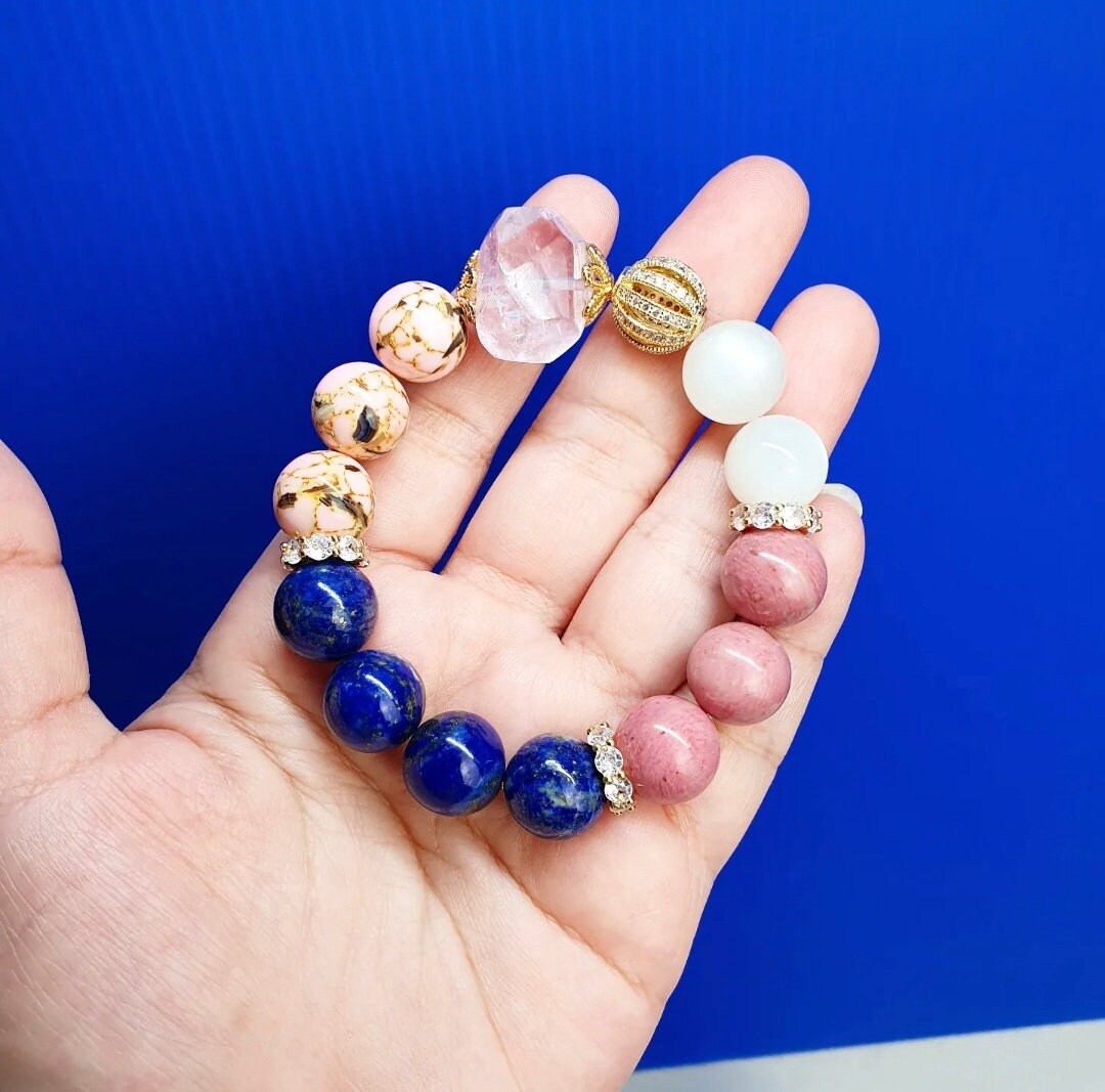 Handcrafted bracelet with Amethyst, Lapis Lazuli, Rhodonite and Moonstone (12mm)