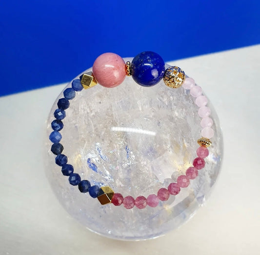 Handcrafted bracelet with Lapis Lazuli, Rhodonite, Rose Quartz, Pink Tourmaline and Blue Sapphire