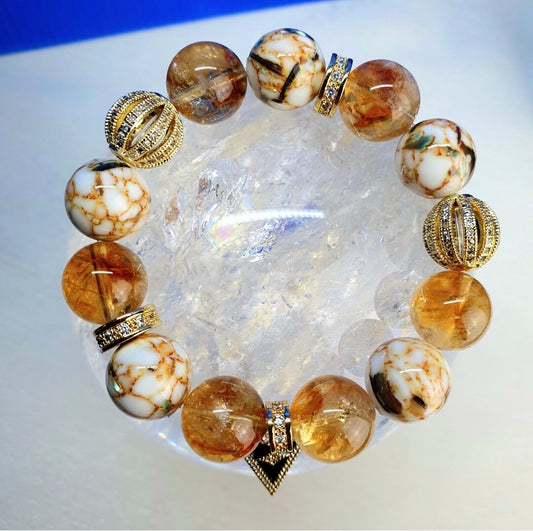 Handcrafted bracelet with Citrine (12mm) and beautiful man made White Shell Turquoises