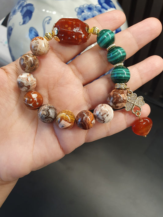 Handcrafted bracelet with Crazy Lace Agate (12mm) from Mexico, AAA Malachite and Carnelian