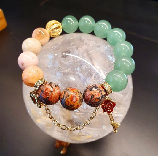 Handcrafted bracelet with Green Aventurine (12mm), Sakura Cherry Blossom Agate and Snakeskin Jasper