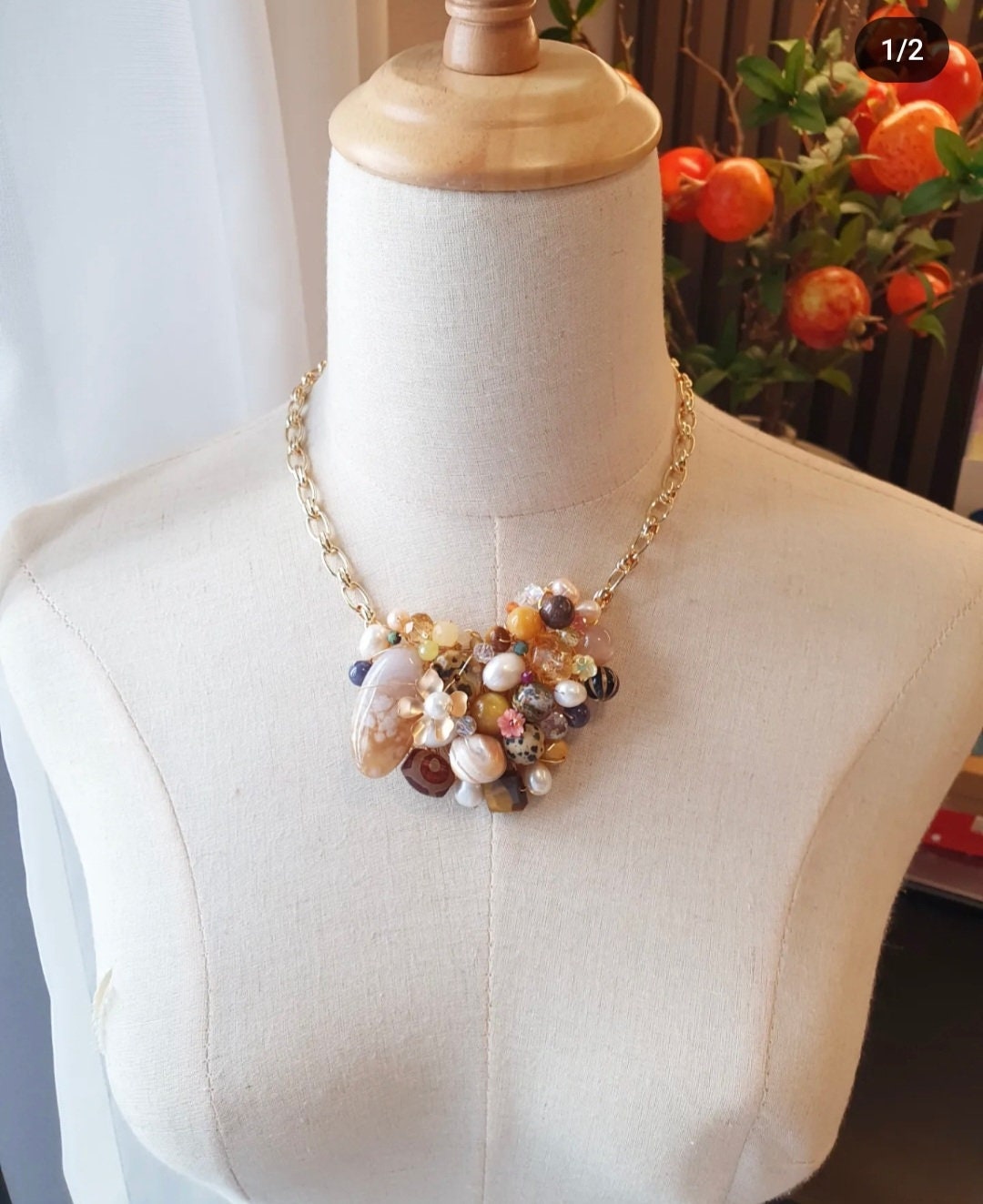 Handcrafted statement necklace with fresh water pearls, Sakura Agate, Sunstone, Tiger Eye, Ocean Jasper, Tanzanite, Pietersite, Yellow Jad