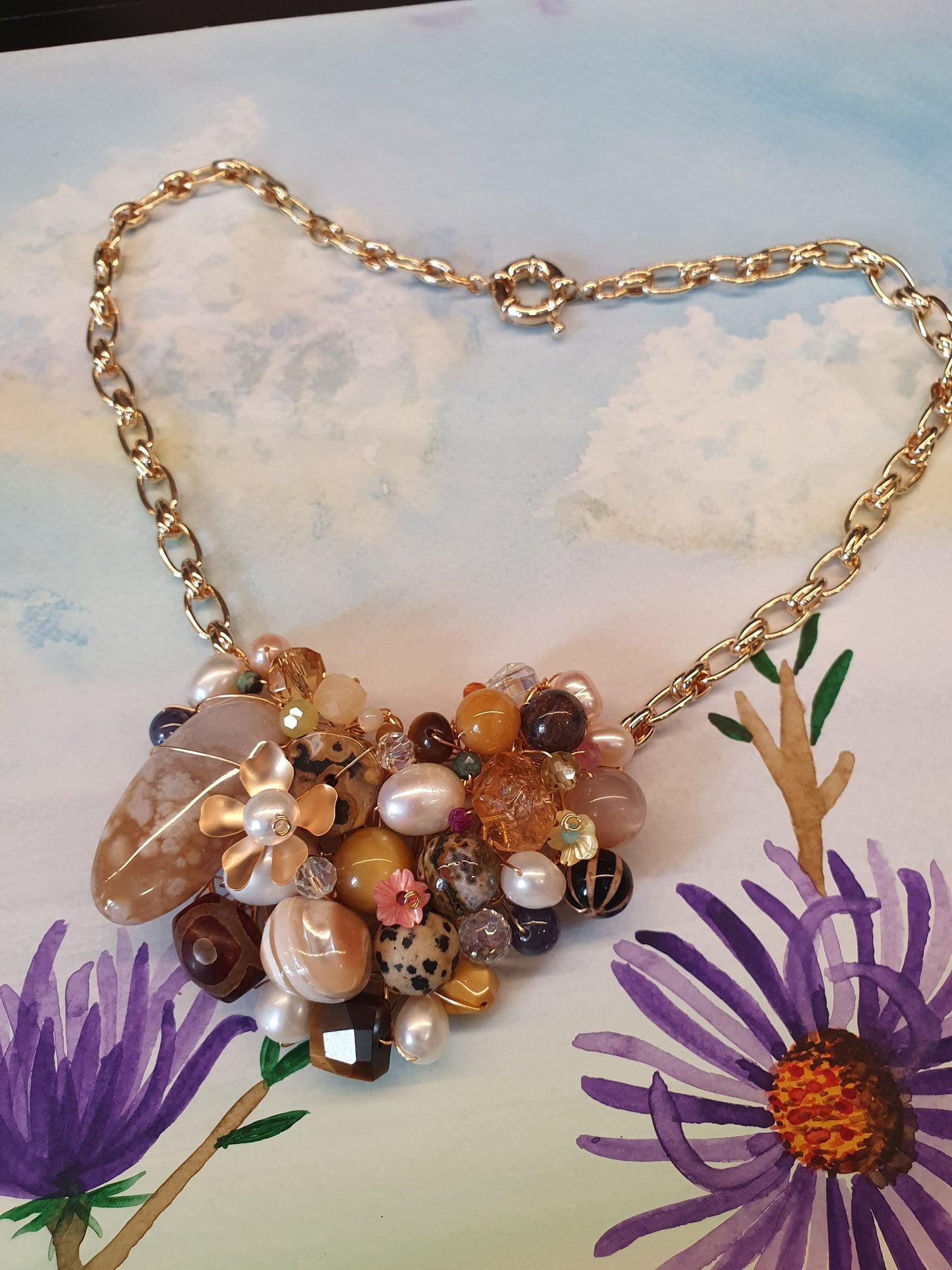 Handcrafted statement necklace with fresh water pearls, Sakura Agate, Sunstone, Tiger Eye, Ocean Jasper, Tanzanite, Pietersite, Yellow Jad