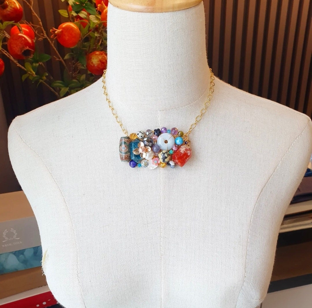 Handcrafted statement necklace with Blue Apatite, Tibetan Agate, Carnelian, Jade, Pearls, Tiger Eye, Dalmatian Jasper, Tanzanite