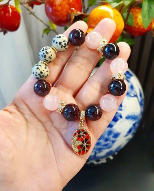 Handcrafted bracelet with Rose Quartz, Red Garnet and Dalmation Jasper