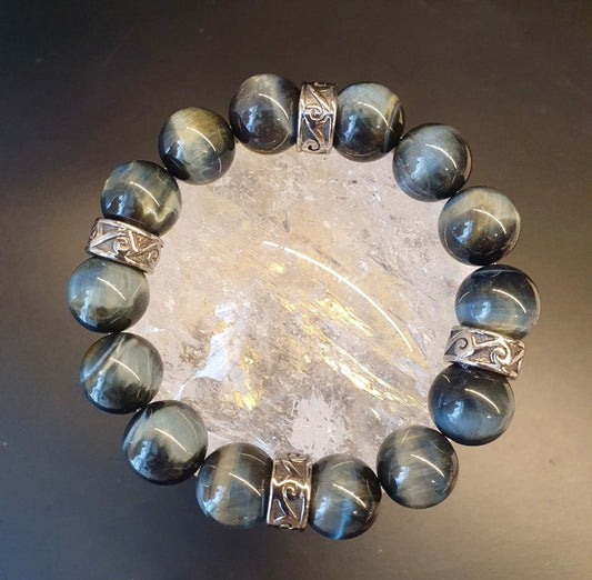 Handcrafted unisex bracelet with beautiful Hawk's Blue Tiger Eye (14mm)