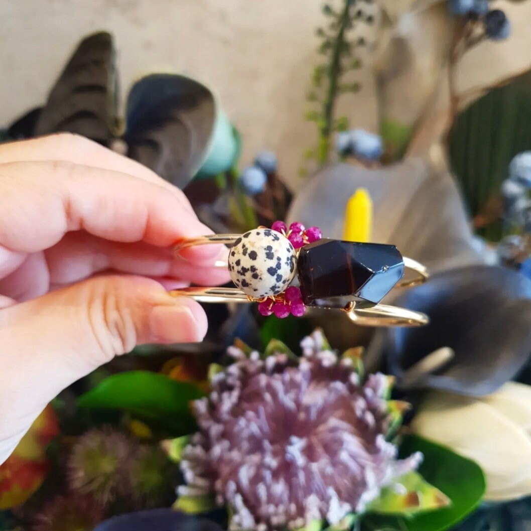 Handcrafted Bangle with Smoky Quartz, Dalmatian Jasper and Ruby