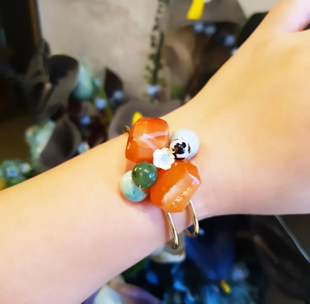 Handcrafted Bangle with Carnelian, Green Garnet, Jade, Tibetan Agate and Amazonite
