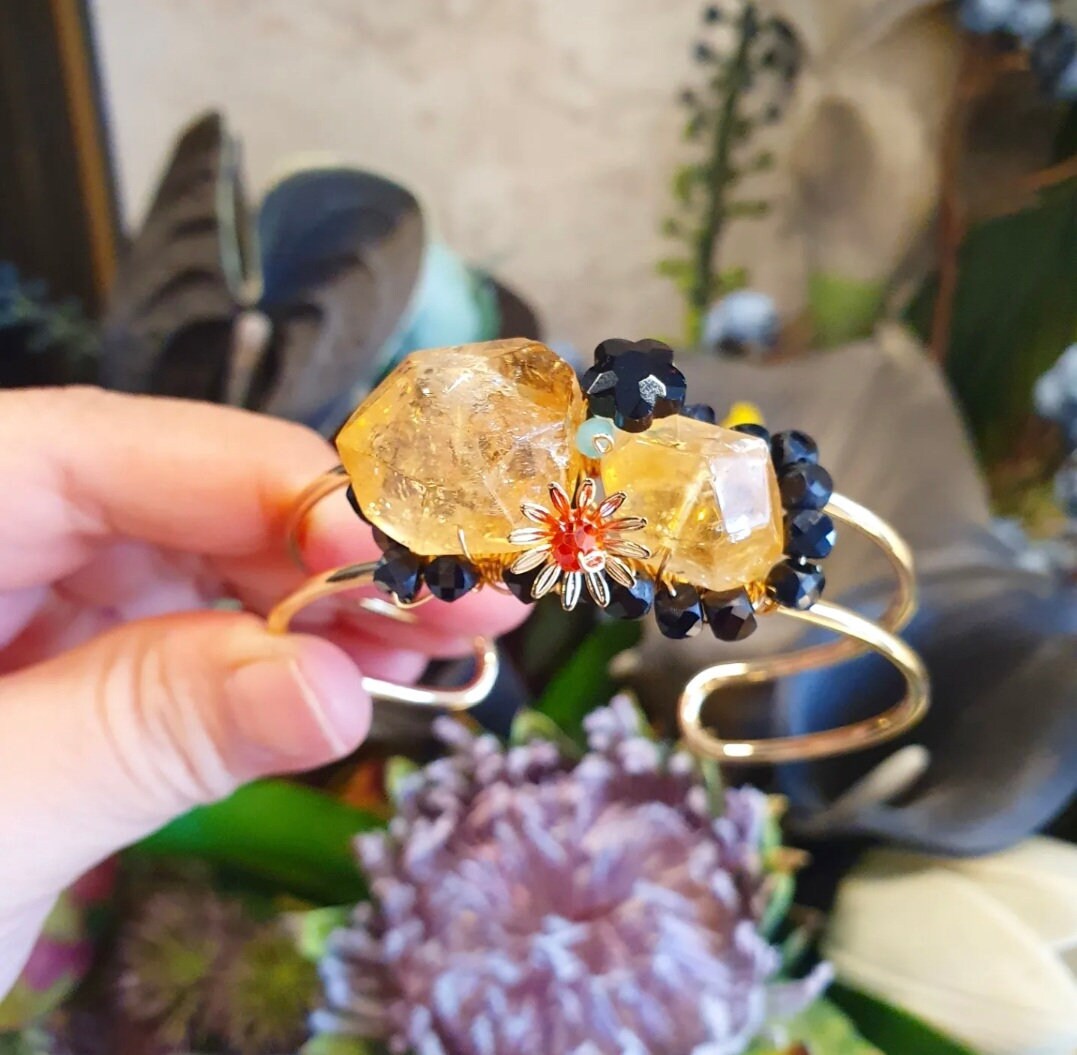 Handcrafted Bangle with Citrine, black spinel, Amazonite