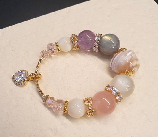 Handcrafted bracelet with Mother of Pearl, Moonstone, Ametrine and Rose Quartz