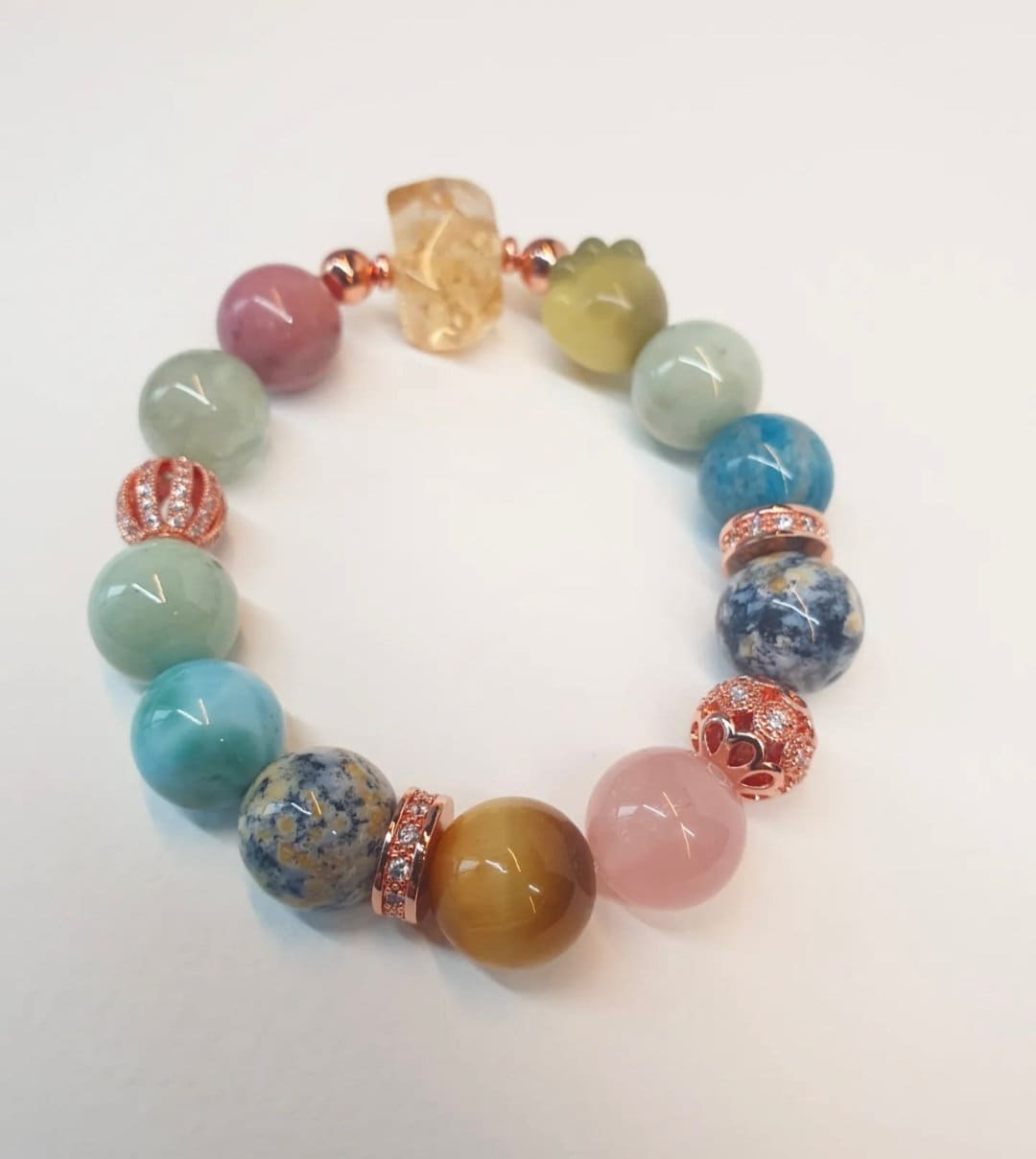 Handcrafted unisex bracelet with Larimar, Green Garnet, Prehnite, Rhodonite, Citrine, Blue Apatite, Marine Agate, Rose Quartz