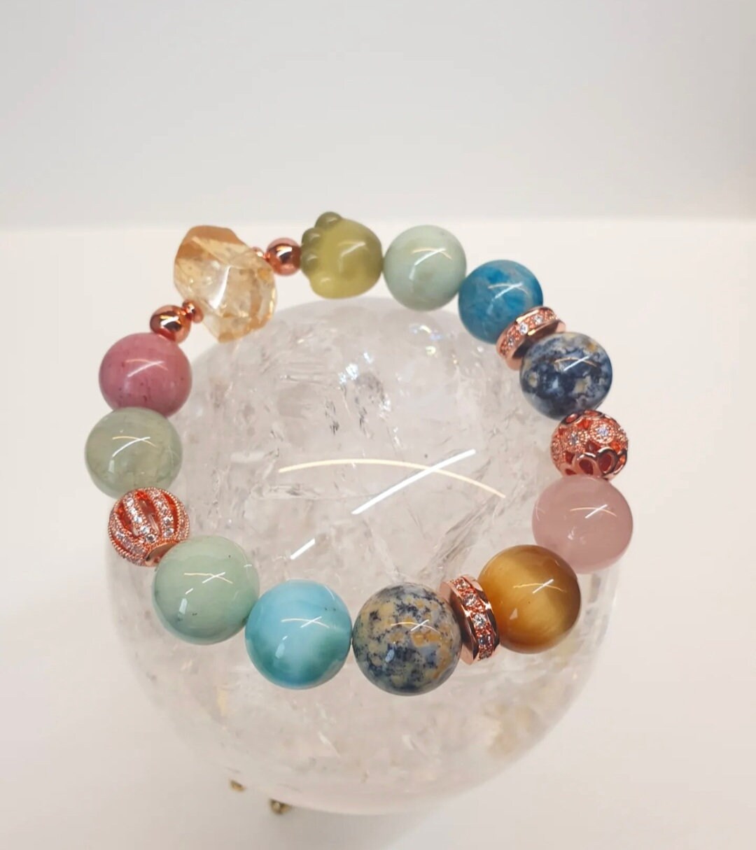 Handcrafted unisex bracelet with Larimar, Green Garnet, Prehnite, Rhodonite, Citrine, Blue Apatite, Marine Agate, Rose Quartz