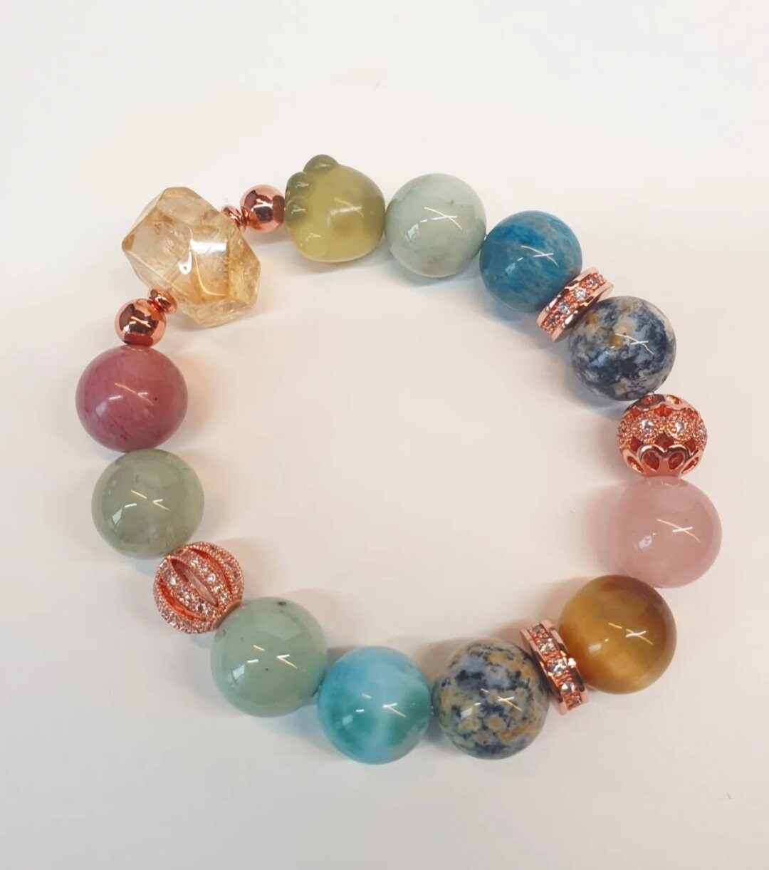 Handcrafted unisex bracelet with Larimar, Green Garnet, Prehnite, Rhodonite, Citrine, Blue Apatite, Marine Agate, Rose Quartz