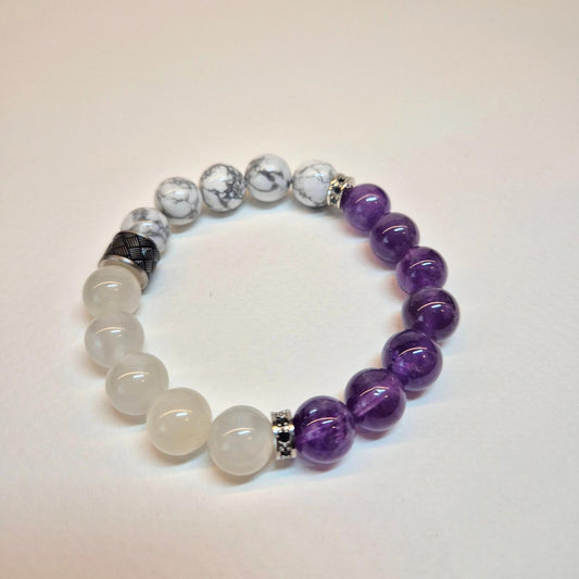 Handcrafted unisex bracelet with Amethyst (10mm), Moonstone and Howlite to assist in better sleep