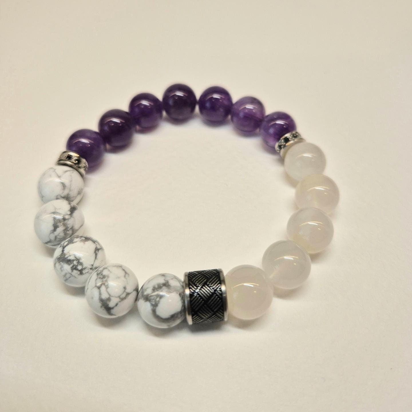 Handcrafted unisex bracelet with Amethyst (10mm), Moonstone and Howlite to assist in better sleep