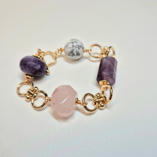 Handcrafted bracelet with Amethyst, Rose Quartz, Lepidolite and Howlite to assist in alleviating anxiety