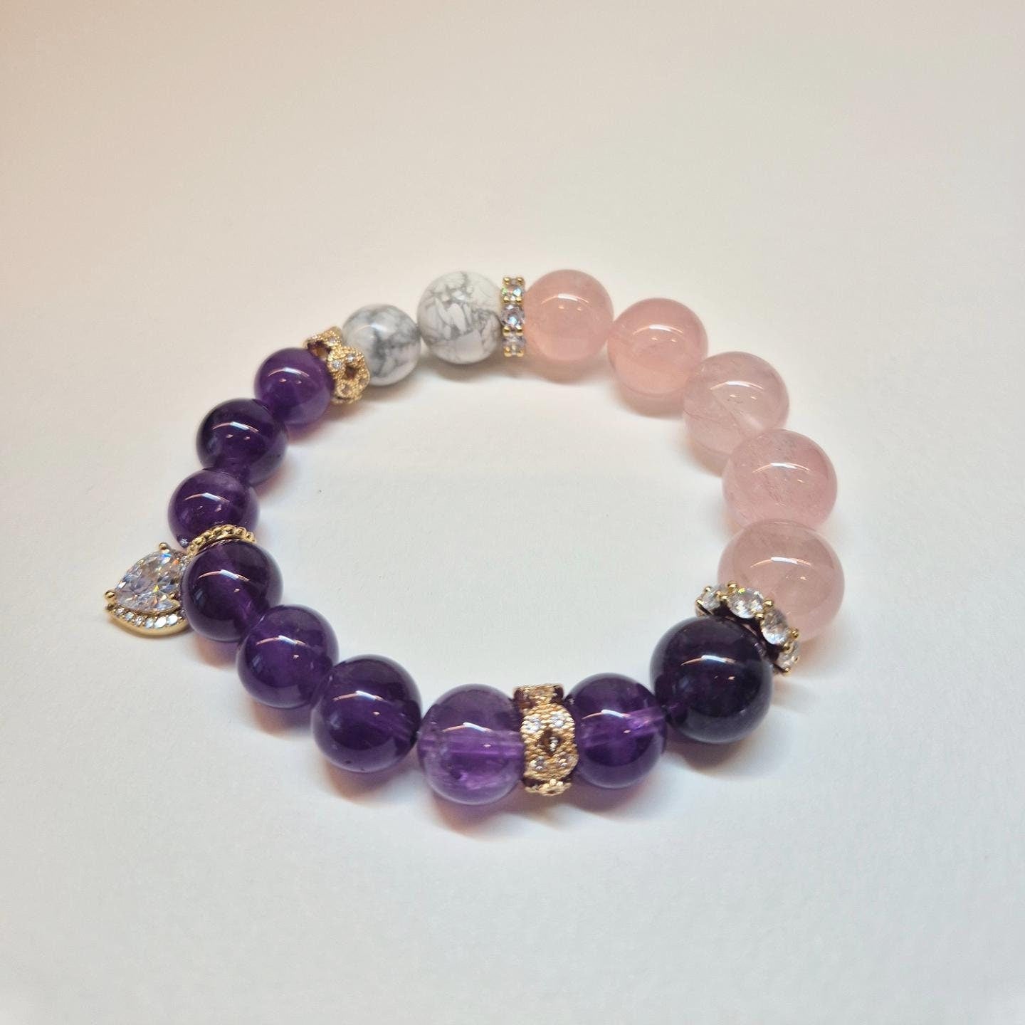 Handcrafted bracelet with Amethyst, Rose Quartz and Howlite to assist in alleviating anxiety