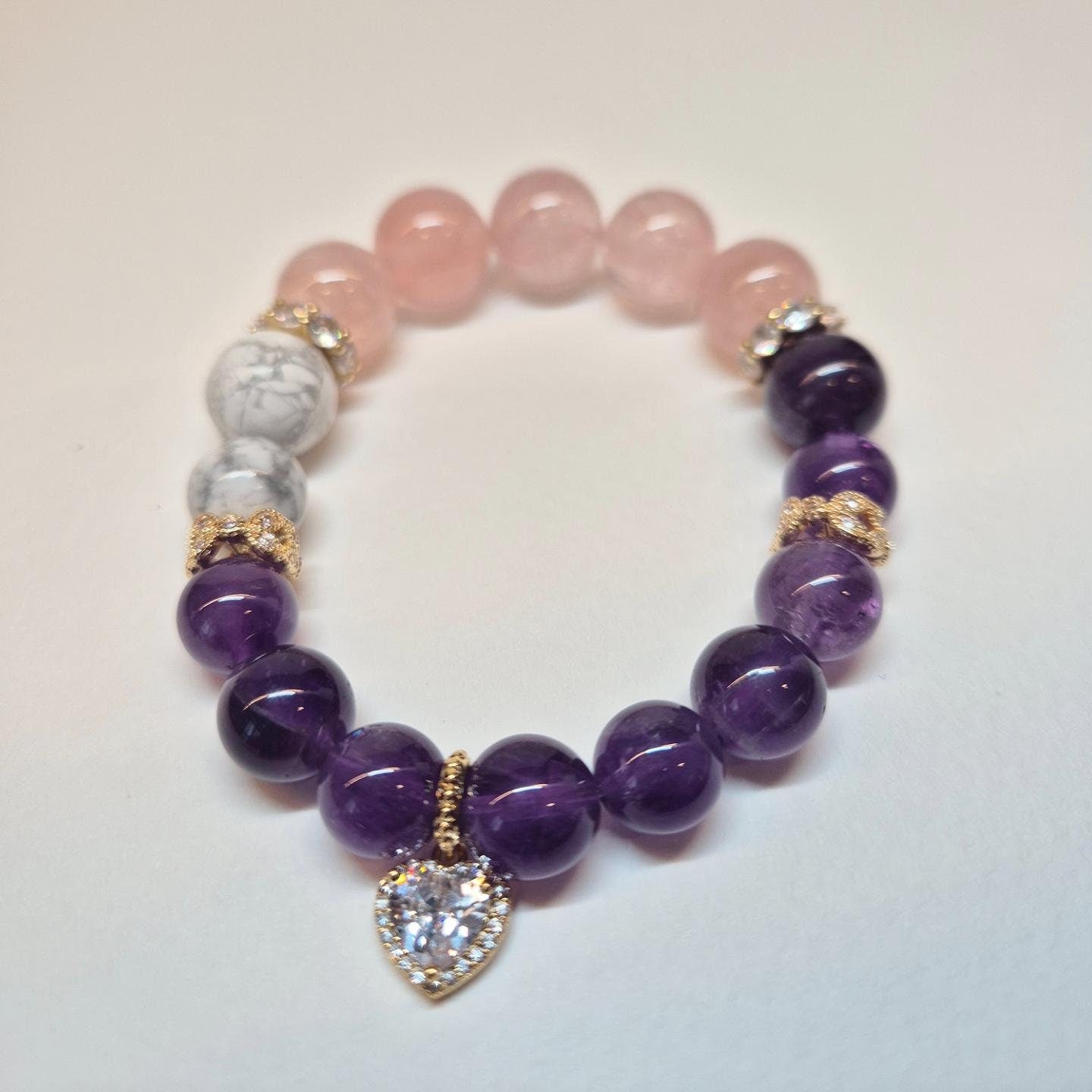 Handcrafted bracelet with Amethyst, Rose Quartz and Howlite to assist in alleviating anxiety