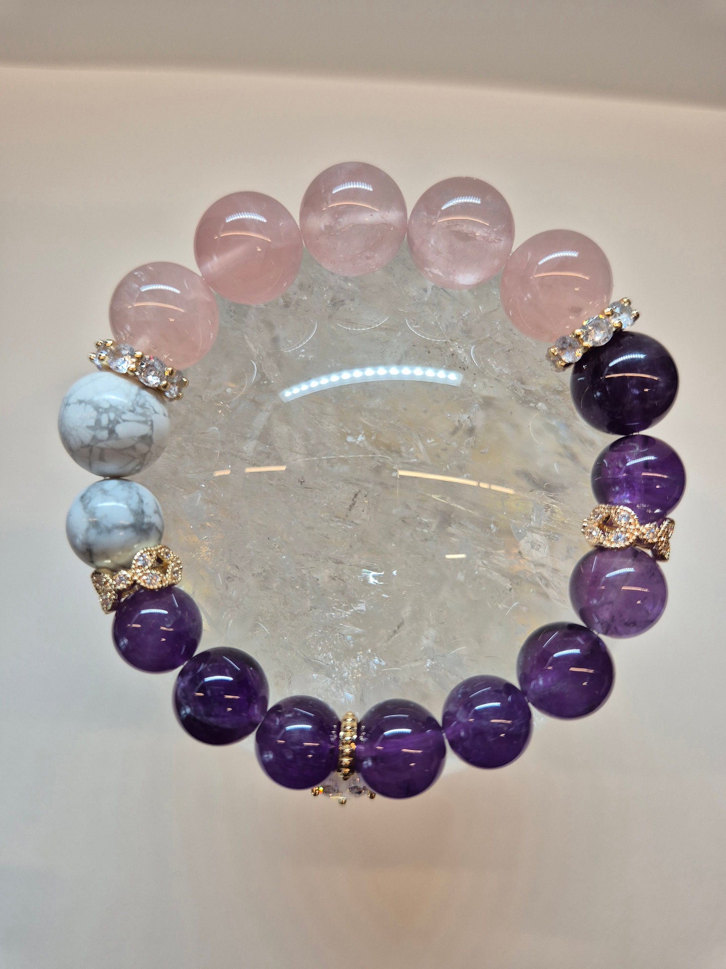 Handcrafted bracelet with Amethyst, Rose Quartz and Howlite to assist in alleviating anxiety