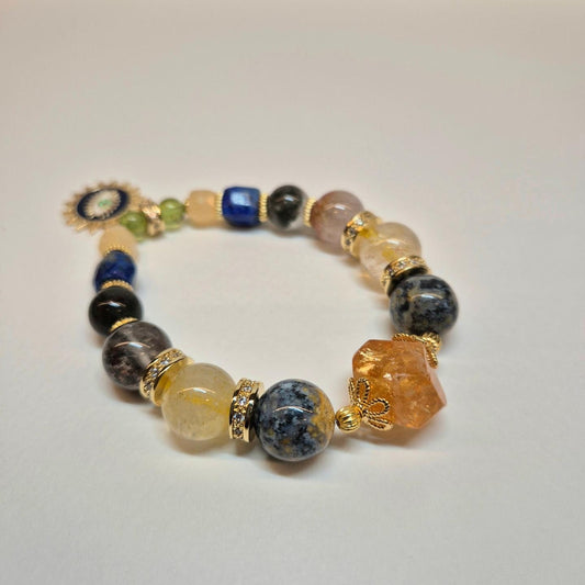 Handcrafted bracelet with Citrine, Marine agate, Gold rutilated quartz, Green phantom, Lapis lazuli, Yellow honey jade and Green peridot