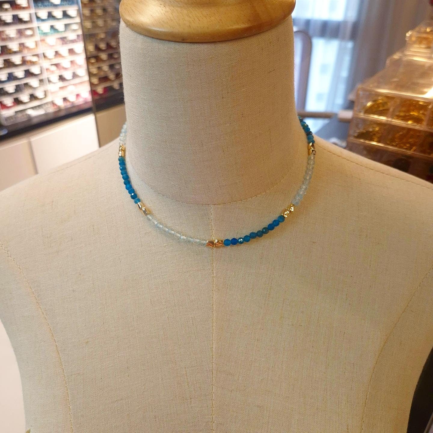 Handcrafted necklace with Blue Apatite (4mm) and Blue Topaz (4mm)