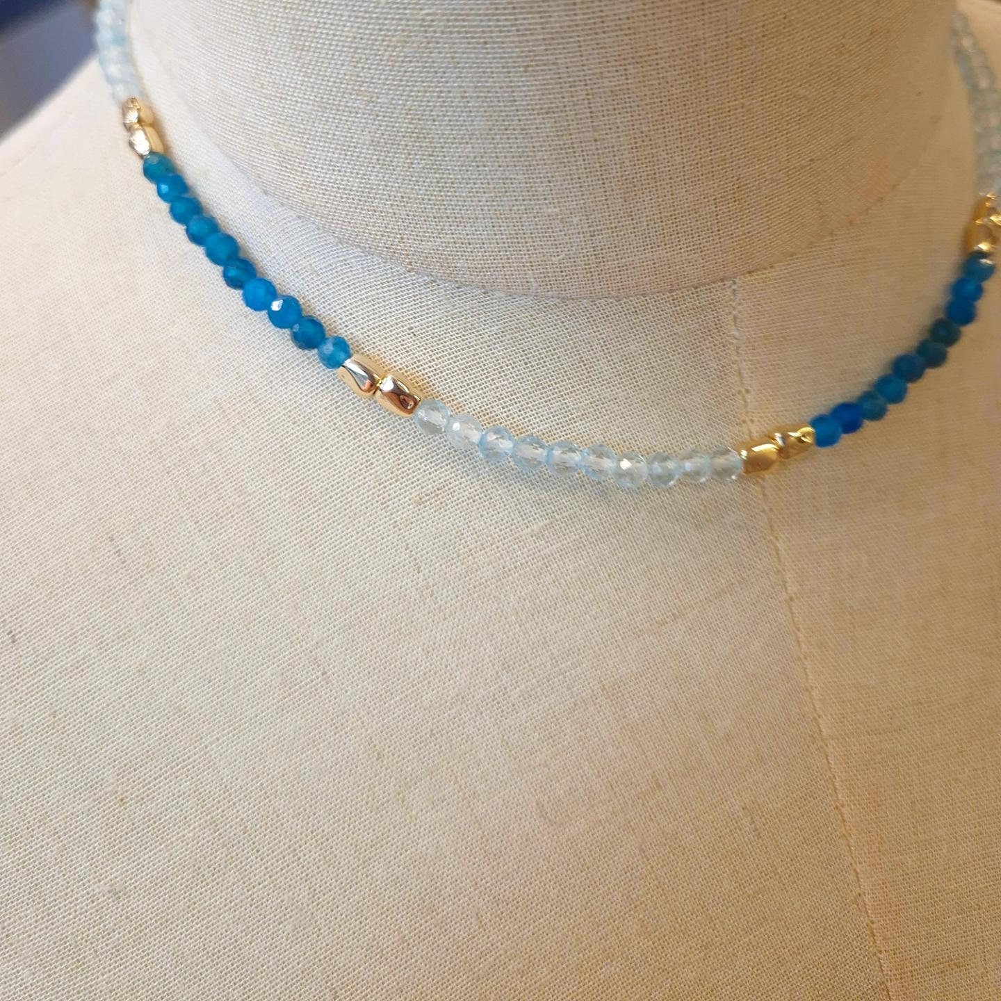 Handcrafted necklace with Blue Apatite (4mm) and Blue Topaz (4mm)